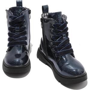 imageDADAWEN Boys Girls Glitter Ankle Boots Lace Up Waterproof Combat Shoes With Side Zipper for ToddlerLittle KidBig KidNavy Glitter