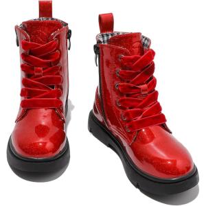 imageDADAWEN Boys Girls Glitter Ankle Boots Lace Up Waterproof Combat Shoes With Side Zipper for ToddlerLittle KidBig KidRed Glitter