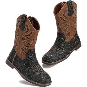 imageDADAWEN Kids Glitter Square Toe Cowgirl Boots Cowboy Western Boots Boys Girls Mid Calf Riding Shoes With Side ZipperBlack