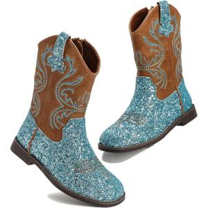 imageDADAWEN Kids Glitter Square Toe Cowgirl Boots Cowboy Western Boots Boys Girls Mid Calf Riding Shoes With Side ZipperBlue