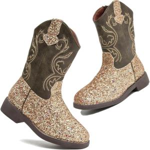 imageDADAWEN Kids Glitter Square Toe Cowgirl Boots Cowboy Western Boots Boys Girls Mid Calf Riding Shoes With Side ZipperGold