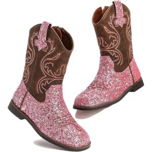 imageDADAWEN Kids Glitter Square Toe Cowgirl Boots Cowboy Western Boots Boys Girls Mid Calf Riding Shoes With Side ZipperPink