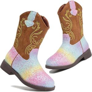 imageDADAWEN Kids Glitter Square Toe Cowgirl Boots Cowboy Western Boots Boys Girls Mid Calf Riding Shoes With Side ZipperRainbow