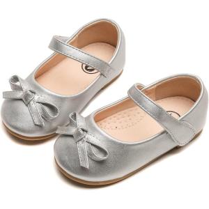 imageDADAWEN Toddler Little Girl Flower Girl Dress Shoes Cute Bow Girls Mary Jane Ballet Flats Party School Wedding ShoesSilver