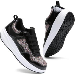 imageDADAWEN Womens Glitter Platform Wedge Athletic Tennis Walking Shoes Sparkly Sequin Lightweight Non Slip Casual Comfort Fashion Sneakers SizeUS5US12Black