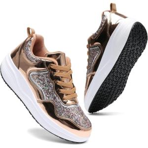 imageDADAWEN Womens Glitter Platform Wedge Athletic Tennis Walking Shoes Sparkly Sequin Lightweight Non Slip Casual Comfort Fashion Sneakers SizeUS5US12Gold