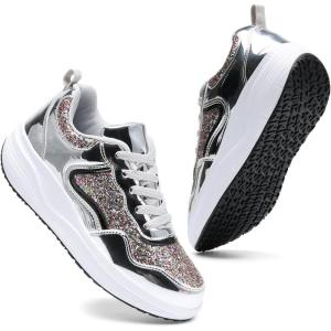 imageDADAWEN Womens Glitter Platform Wedge Athletic Tennis Walking Shoes Sparkly Sequin Lightweight Non Slip Casual Comfort Fashion Sneakers SizeUS5US12Silver