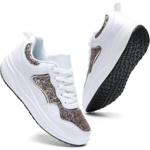 imageDADAWEN Womens Glitter Platform Wedge Athletic Tennis Walking Shoes Sparkly Sequin Lightweight Non Slip Casual Comfort Fashion Sneakers SizeUS5US12White