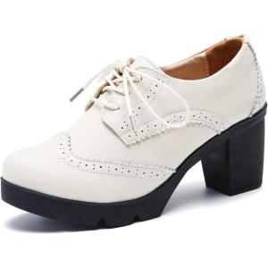 imageDADAWEN Womens Leather Classic Lace Up Platform Chunky MidHeel Square Toe Oxfords Dress Pump ShoesBeige