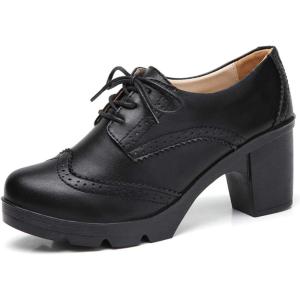 imageDADAWEN Womens Leather Classic Lace Up Platform Chunky MidHeel Square Toe Oxfords Dress Pump ShoesBlack