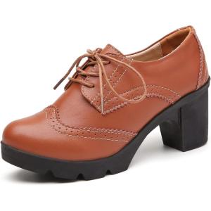 imageDADAWEN Womens Leather Classic Lace Up Platform Chunky MidHeel Square Toe Oxfords Dress Pump ShoesLight Brown