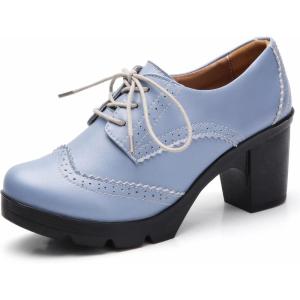 imageDADAWEN Womens Leather Classic Lace Up Platform Chunky MidHeel Square Toe Oxfords Dress Pump ShoesLight Grey