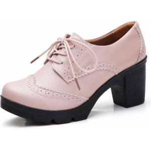 imageDADAWEN Womens Leather Classic Lace Up Platform Chunky MidHeel Square Toe Oxfords Dress Pump ShoesLight Pink