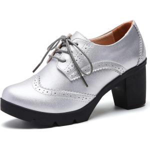 imageDADAWEN Womens Leather Classic Lace Up Platform Chunky MidHeel Square Toe Oxfords Dress Pump ShoesSilver
