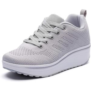 imageDADAWEN Womens Slip On Breathable Mesh Walking Tennis Shoes Lightweight Comfort Wedge Platform Casual Sneakers for Gym Travel Work SizeUS5US12Grey