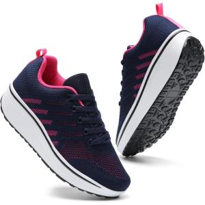 imageDADAWEN Womens Slip On Breathable Mesh Walking Tennis Shoes Lightweight Comfort Wedge Platform Casual Sneakers for Gym Travel Work SizeUS5US12NavyHot Pink