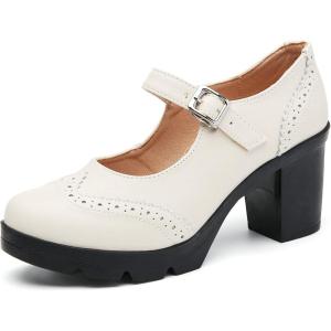imageDADAWEN Womens Chunky Low Block Heels Mary Jane Closed Toe Work Pumps Comfortable Round Toe Oxfords Dress Wedding ShoesBeige