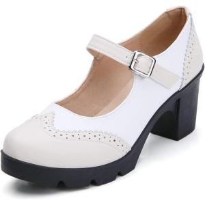 imageDADAWEN Womens Chunky Low Block Heels Mary Jane Closed Toe Work Pumps Comfortable Round Toe Oxfords Dress Wedding ShoesBeigeWhite