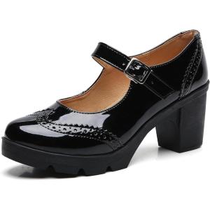 imageDADAWEN Womens Chunky Low Block Heels Mary Jane Closed Toe Work Pumps Comfortable Round Toe Oxfords Dress Wedding ShoesBlack Patent