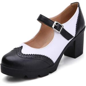 imageDADAWEN Womens Chunky Low Block Heels Mary Jane Closed Toe Work Pumps Comfortable Round Toe Oxfords Dress Wedding ShoesBlackWhite