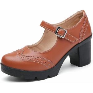 imageDADAWEN Womens Chunky Low Block Heels Mary Jane Closed Toe Work Pumps Comfortable Round Toe Oxfords Dress Wedding ShoesBrown