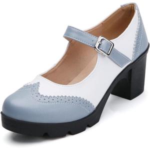 imageDADAWEN Womens Chunky Low Block Heels Mary Jane Closed Toe Work Pumps Comfortable Round Toe Oxfords Dress Wedding ShoesGreyWhite