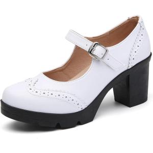 imageDADAWEN Womens Chunky Low Block Heels Mary Jane Closed Toe Work Pumps Comfortable Round Toe Oxfords Dress Wedding ShoesWhite
