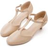 imageDADAWEN Womens Closed Toe TStrap Buckle Low Heel Party Bridal Wedding Dress Pump ShoesNude