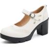 imageDADAWEN Womens Leather Classic Mary Jane Ankle Strap Round Toe Mid Heel Platform Pumps Oxfords Dress ShoesBeige