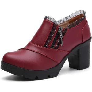 imageDADAWEN Womens Casual Zipper Lace Platform MidHeel Square Toe Oxfords Dress ShoesWine Red