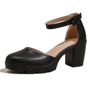 imageDADAWEN Womens Closed Toe Low Block Chunky Heels Round Toe Ankle Strap Wedding Work Dress Pump ShoesBlack