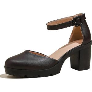 imageDADAWEN Womens Closed Toe Low Block Chunky Heels Round Toe Ankle Strap Wedding Work Dress Pump ShoesBrown