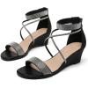 imageDADAWEN Womens Open Toe Ankle Strap Glitter Rhinestones Low Wedge Sandals Party Wedding Dress Pumps ShoesBlack