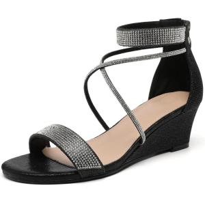 imageDADAWEN Womens Open Toe Ankle Strap Glitter Rhinestones Low Wedge Sandals Party Wedding Dress Pumps ShoesBlack