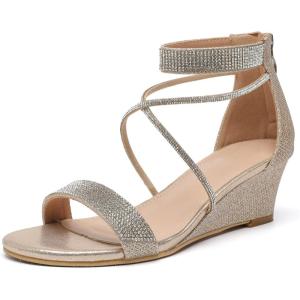 imageDADAWEN Womens Open Toe Ankle Strap Glitter Rhinestones Low Wedge Sandals Party Wedding Dress Pumps ShoesGold