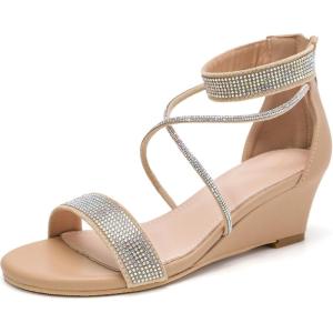 imageDADAWEN Womens Open Toe Ankle Strap Glitter Rhinestones Low Wedge Sandals Party Wedding Dress Pumps ShoesNude