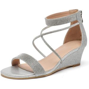 imageDADAWEN Womens Open Toe Ankle Strap Glitter Rhinestones Low Wedge Sandals Party Wedding Dress Pumps ShoesSilver