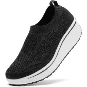 imageDADAWEN Womens Slip On Breathable Walking Shoes Comfort Fitness Wedge Platform Sneakers SizeUS5US12Black