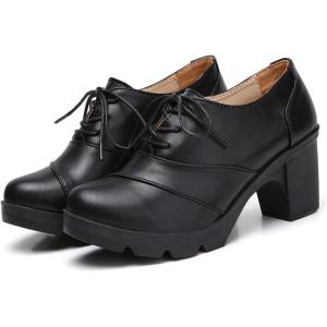 imageDADAWEN Womens Classic Leather Lace Up MidHeel Square Toe Party Wedding Plaform Dress Pump Shoes Black US Size 85