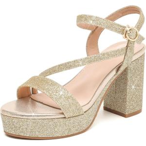 imageDADAWEN Platform Heels for Women High Block Chunky Open Toe Ankle Strap Heeled Sandals Wedding Party Evening Prom Dance Dress Pump Sandals ShoesGold