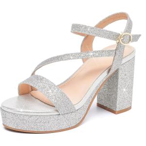 imageDADAWEN Platform Heels for Women High Block Chunky Open Toe Ankle Strap Heeled Sandals Wedding Party Evening Prom Dance Dress Pump Sandals ShoesSilver