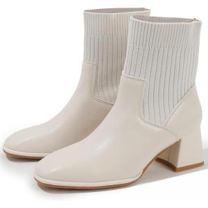 imageDADAWEN Womens Elastic Chelsea Boots Chunky Block Heel Ankle BootiesCream White
