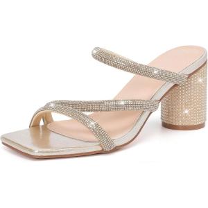 imageDADAWEN Womens Rhinestone Heeled Sandals Square Toe Strappy Chunky Block Heels for Women Comfortable Wedding Party Dress Pumps ShoesGold