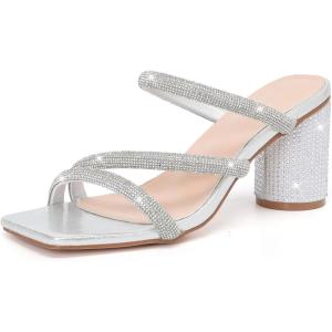 imageDADAWEN Womens Rhinestone Heeled Sandals Square Toe Strappy Chunky Block Heels for Women Comfortable Wedding Party Dress Pumps ShoesSilver