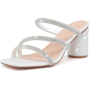 imageDADAWEN Womens Rhinestone Heeled Sandals Square Toe Strappy Chunky Block Heels for Women Comfortable Wedding Party Dress Pumps ShoesWhite