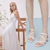 imageDADAWEN Womens Strappy Open Toe Rhinestone Low Block Chunky Heels Sandals Ankle Buckle Heeled Sandals Wedding Party Dress Pumps ShoesWhite