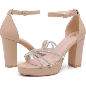 imageDADAWEN Platform Heels for Women Strappy Open Toe Rhinestone Block Chunky High heels Sandals Ankle Strap Heeled Sandals Wedding Party Dress Pumps ShoesNude