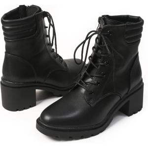 imageDADAWEN Womens Chunky Heel Ankle Booties Lace up Side Zipper Lug Sole Combat Ankle Boots