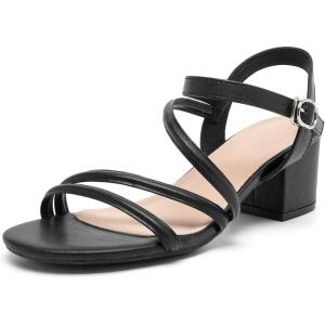 imageDADAWEN Womens Strappy Open Toe Rhinestone Low Block Chunky Heels Sandals Ankle Buckle Heeled Sandals Wedding Party Dress Pumps ShoesBlack