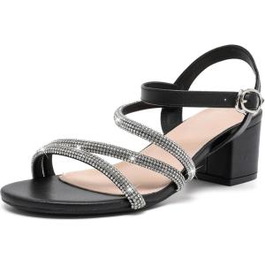 imageDADAWEN Womens Strappy Open Toe Rhinestone Low Block Chunky Heels Sandals Ankle Buckle Heeled Sandals Wedding Party Dress Pumps ShoesBlackRhinestone